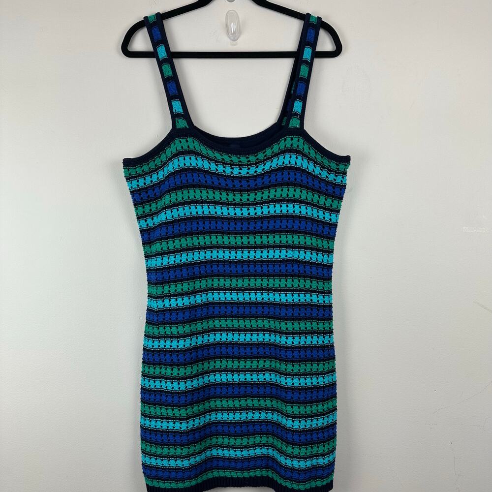 GAP Crochet Bodycon Mini Dress Size L Blue Green Striped Coatsal Resort Beachy